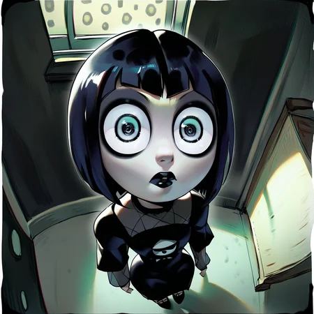 score_7_up, score_8_up, clos_pers, close-up, perspective, fisheye, black border, face focus, 1girl, big eyes, wide-eyed, leaning in, looking at viewer, black dress, goth, black lipstick, full body, from above, high angle, indoors,