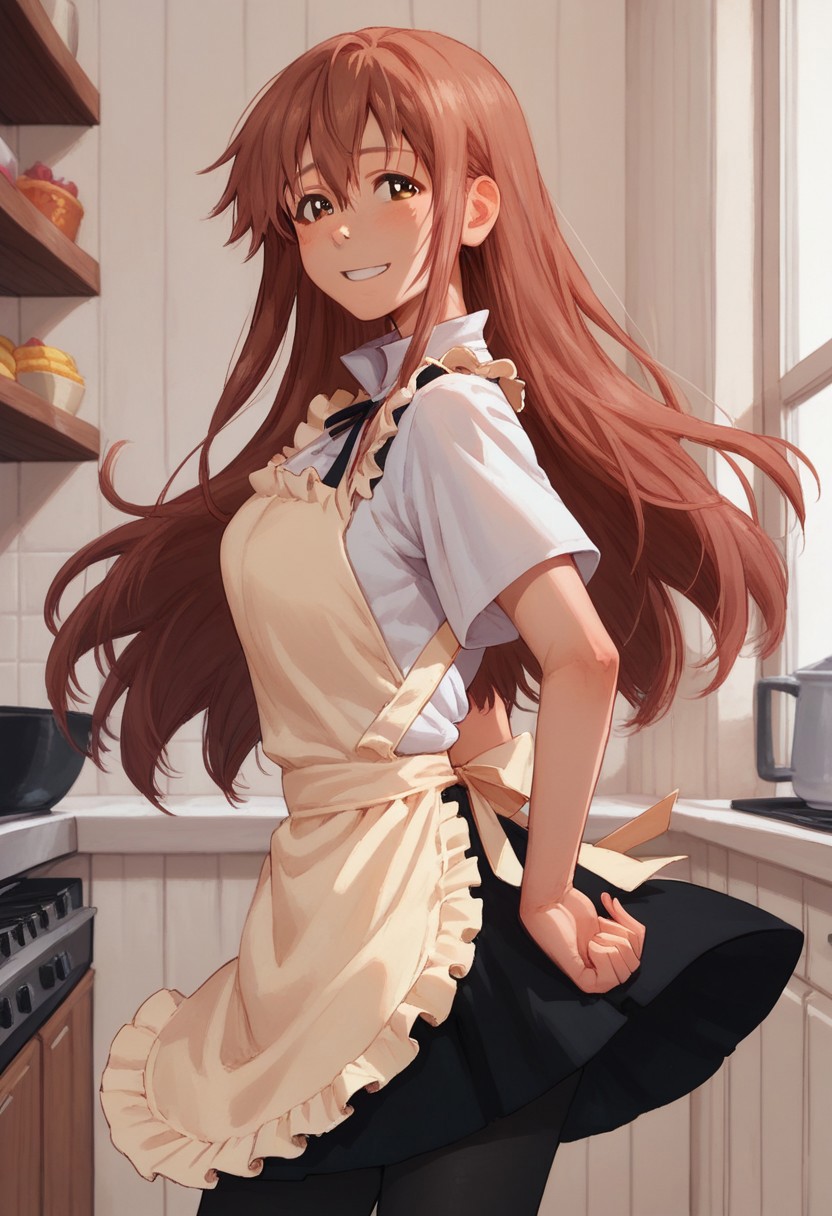 score_9, score_8_up, score_7_up, 
crossdresser, long hair, brown hair, white shirt, apron,
Kotori-chan, apron, smiling, black pantyhose,