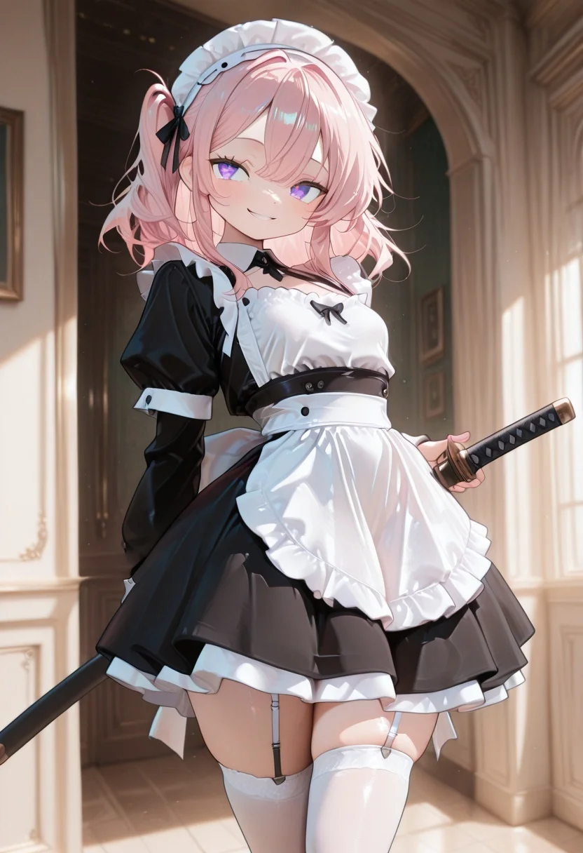 (masterwork, masterpiece, best quality, hyper-detailed, 8k uhd:1.4), 
1girl, solo, CivChan, purple eyes, pink hair, medium hair, maid uniform, standing looking sweet, coy, smiling sweetly, dark background, 
iaidou,weapon, katana, holding sword, ready to draw, sheathed, unsheathing, scabbard,
masterpiece, extremely aesthetic, highly detailed, dynamic composition, vibrant colors, vivid colors, saturated,
<lora:LoraILXL10_YamiStyle_v1:0.8> <lora:CivChan:1>   <lora:iaido_Illust_v1:1>