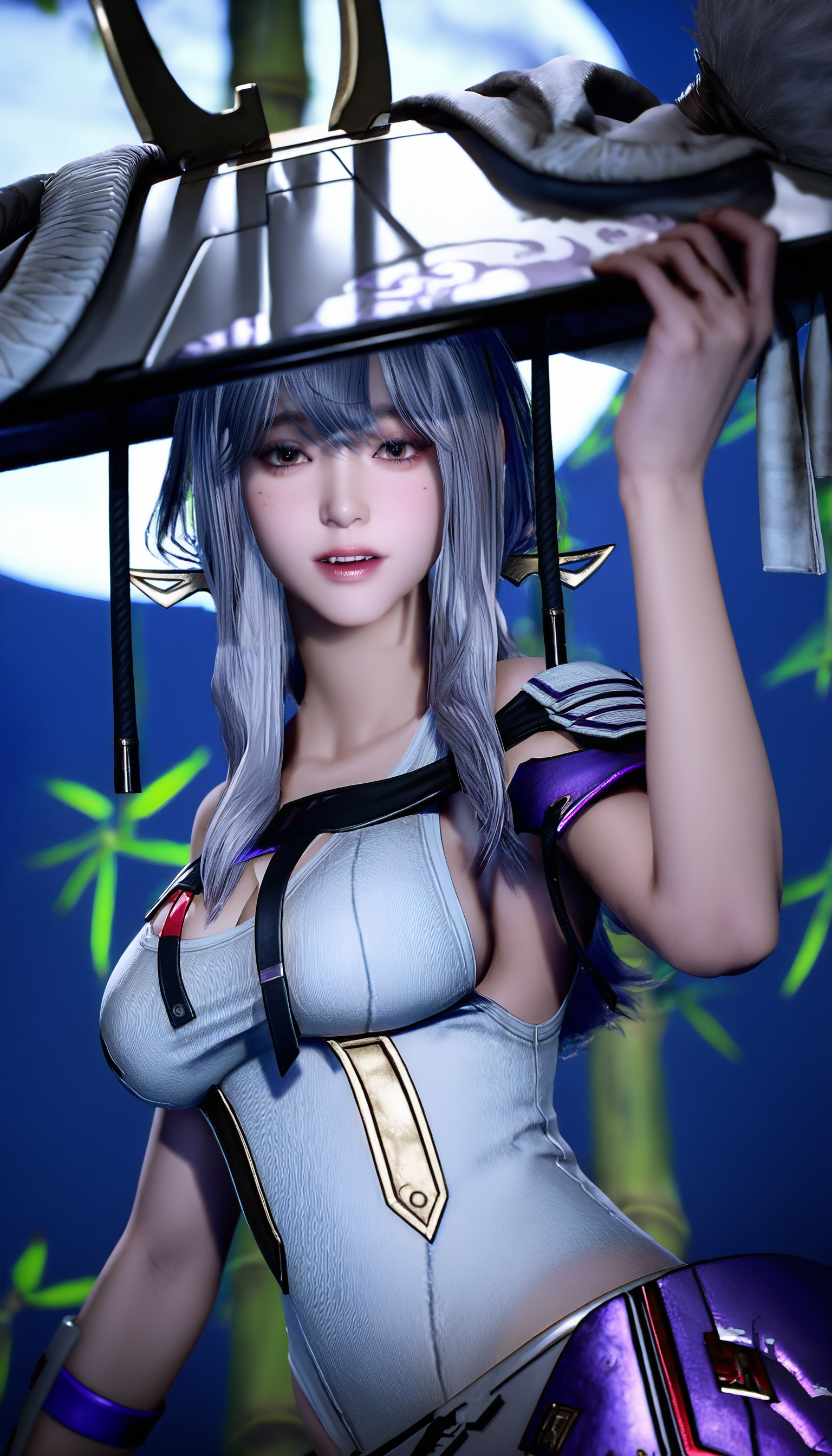 masterpiece,best quality,amazing quality,
<lora:scarletIL:1>,sc213t,realistic,
silver hair,long hair,bangs,sidelocks,large hat,gold hairpin,brown eyes,white leotard,shoulder armor,black shoulder belt,armor skirt,arm guards,upper body,looking at viewer,parted lips,left hand on the hat,outdoors,night sky,moon,moonlight,night,bamboo in the background,depth of field,vignetting,bloom,