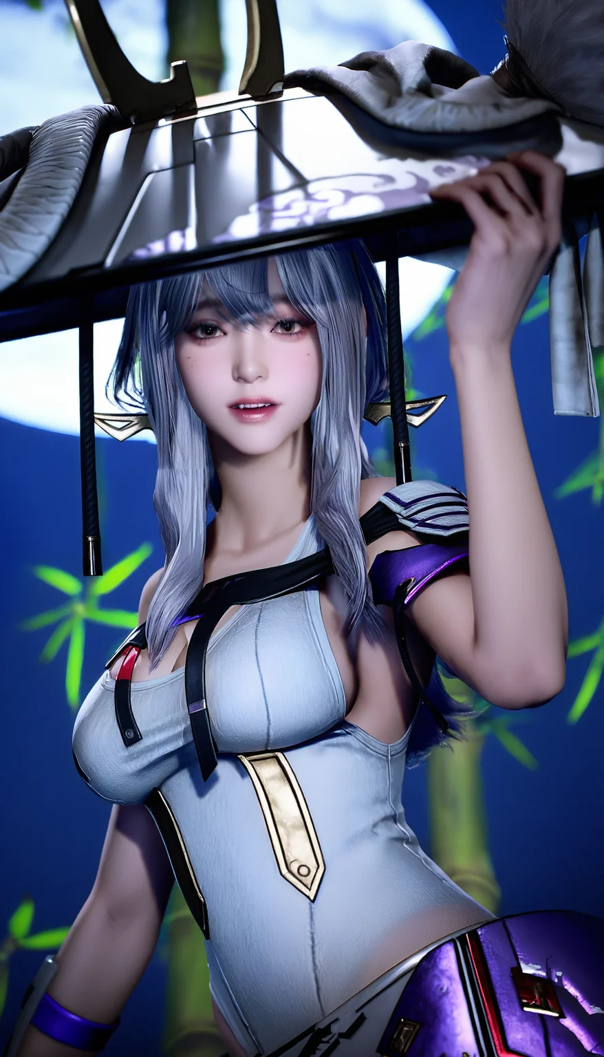 masterpiece,best quality,amazing quality,
<lora:scarletIL:1>,sc213t,realistic,
silver hair,long hair,bangs,sidelocks,large hat,gold hairpin,brown eyes,white leotard,shoulder armor,black shoulder belt,armor skirt,arm guards,upper body,looking at viewer,parted lips,left hand on the hat,outdoors,night sky,moon,moonlight,night,bamboo in the background,depth of field,vignetting,bloom,