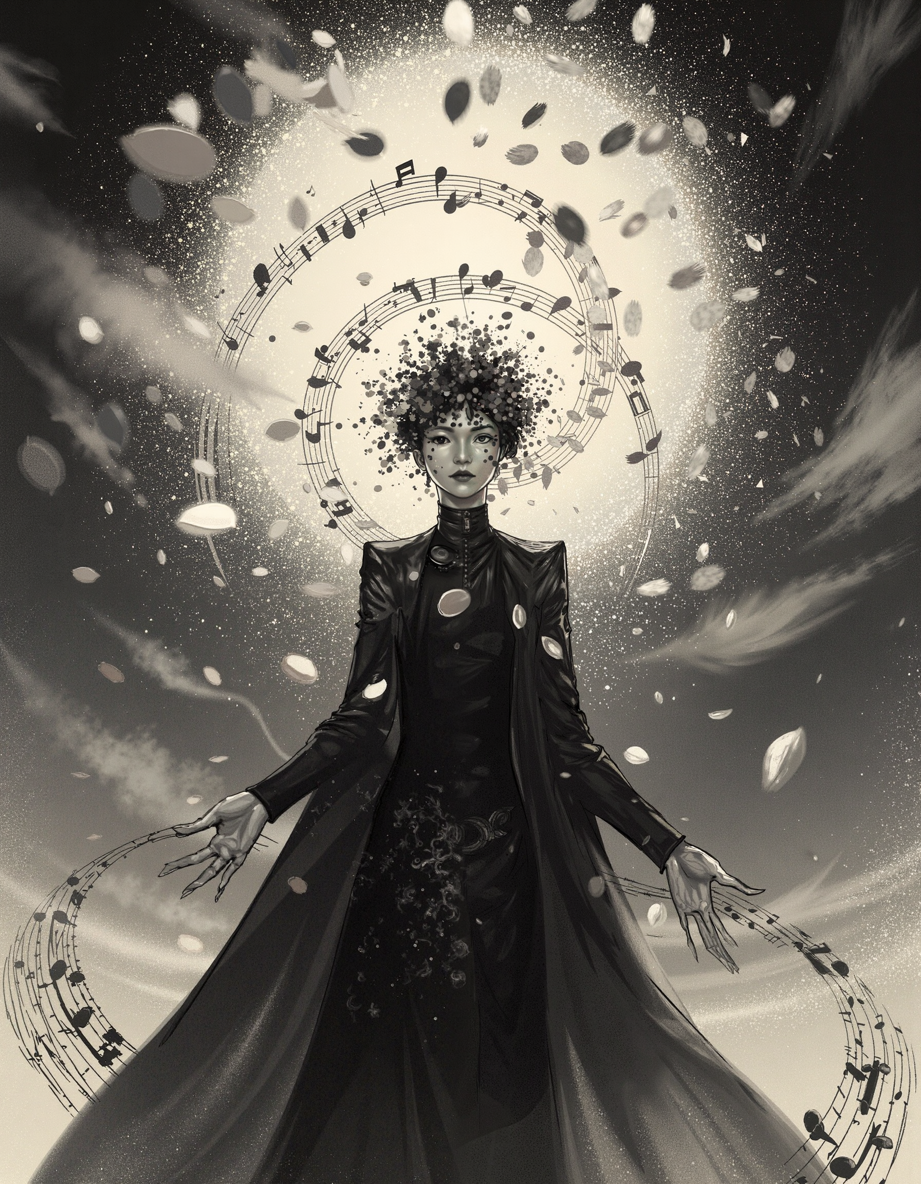 A majestic, high-contrast, black-and-white scene of a regal, androgynous musician of East Asian descent, skin tone a radiant porcelain, with an abnormal, music note-embellished face, resembling a fusion of human and sheet music, stands heroically, surrounded by swirling music sheet circles, as a shower of musical notes erupts from their body, amidst an abstract, dreamlike background, echoing the surrealist style of David Lynch, lit by a dramatic, high-key spotlight with subtle, warm undertones, casting a mystical glow, with a slight grain and muted color grading, reminiscent of a 1950s fine art photograph. The painting is in the style of umesky. <lora:Grimmold:0.5> <lora:ume_sky_v2:0.7>