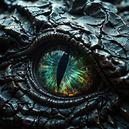 A hyper-detailed focus on the eye of an enormous abyssal serpent, its pupil a vertical slit surrounded by a swirling galaxy of colors—blacks, iridescent greens, and hints of sickly yellow. The scales around the eye are cracked and ancient, each one shining with a dull, oily sheen.The style is hyper-realistic, with intense texture on the serpent’s scales, and the colors are dark, iridescent, with a metallic sheen, creating an otherworldly and unsettling atmosphere."