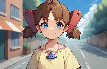 score_9, score_8_up, score_7_up, score_6_up, score_5_up, score_4_up, source_anime,
<lora:JosetteWonderProjectJ2byRR-10:1>, josettewpj2, brown hair, short hair, hair ornament, twintails, blue eyes, ocarina, jewerly, necklace, yellow dress, brown boots,
happy, smile,
1girl, standing, upper body, 
dynamic shot, outdoors, street, day,