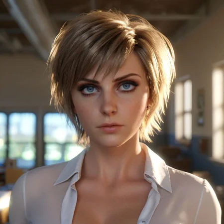 (ultra realistic, 32k, masterpiece:1.2), (highly detailed skin:1.1), (high quality:1.1), masterpiece, color HD photo, RAW 1girl, coy expression,<lora:hyperfusion_550k_128dim-LoCon_extracted-v7:0.8> (topheavy:1.2), small breasts, (topheavy:1.0),(bottomheavy:1.1),  Melancholic Gaze Down pose, (viewer up close:1.1), beautiful face, seductive gaze, shiny skin, blush, eyeliner, eyeshadow, eyelashes, looking up, Classroom background , Blue eyes, (long Honey Brown Messy Pixie Cut hairstyle), cinematic lighting, sunlight, volumetric,  <lora:GoodHands-beta2:1.1> nice hands, perfect hands, <lora:sideb00bv2:0.9> sideb00b, unbuttoned and open white oxford blouse, nsfw small nipples erect