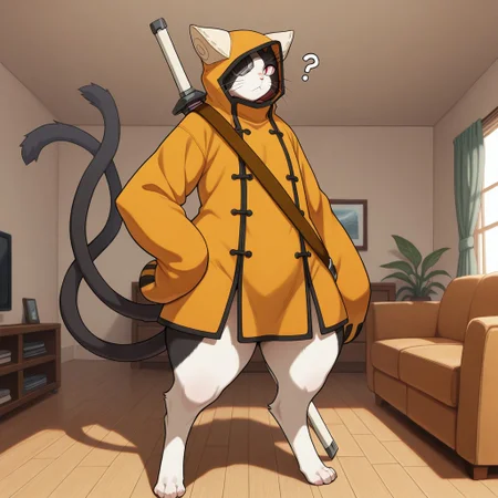 masterpiece, best quality, amazing quality, jub31, male, furry male, solo, anthro, cat, black fur, white fur, two-tone fur, red eyes, slit pupils, whiskers, pink nose, sharp teeth, paw pads, two tails, (wide hips, big thighs), large orange hoodie, black trimmings, buttons, eyepatch, brown strap, sword on back, standing, confused, one hand on hip, looking at viewer, indoors, living room, fullbody,