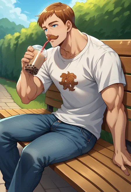 score_9, score_8_up, score_7_up, source_anime, 1boy, solo, Escanor, muscular, short hair, brown hair, mustache, blue eyes, t-shirt, jeans, outdoors, sitting, on bench, drinking, sipping, straw, bubble tea, <lora:ChamEscanorPonyXL:1>