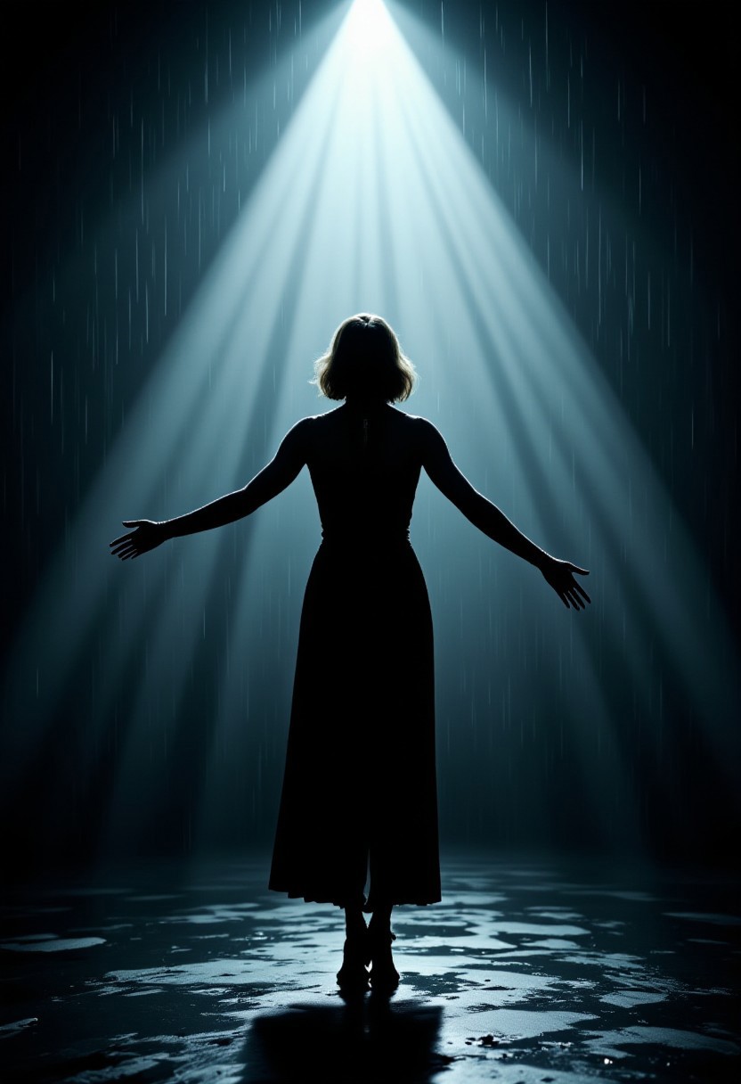 a medium-angle shot captures a slight silhouette of a woman in a black sleeveless dress, standing in a rain under the spotlight. She is spreading her arms like she is about to soar, adding a touch of balance to the scene. The woman's shadow can be seen on the wet ground below her, creating a stark contrast to the dark background. cinematic, the best quality, movie poster style, dramatic, award winning