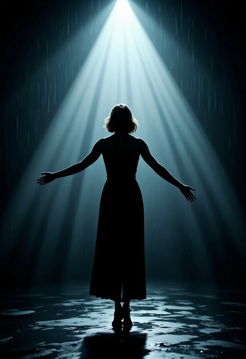 a medium-angle shot captures a slight silhouette of a woman in a black sleeveless dress, standing in a rain under the spotlight. She is spreading her arms like she is about to soar, adding a touch of balance to the scene. The woman's shadow can be seen on the wet ground below her, creating a stark contrast to the dark background. cinematic, the best quality, movie poster style, dramatic, award winning