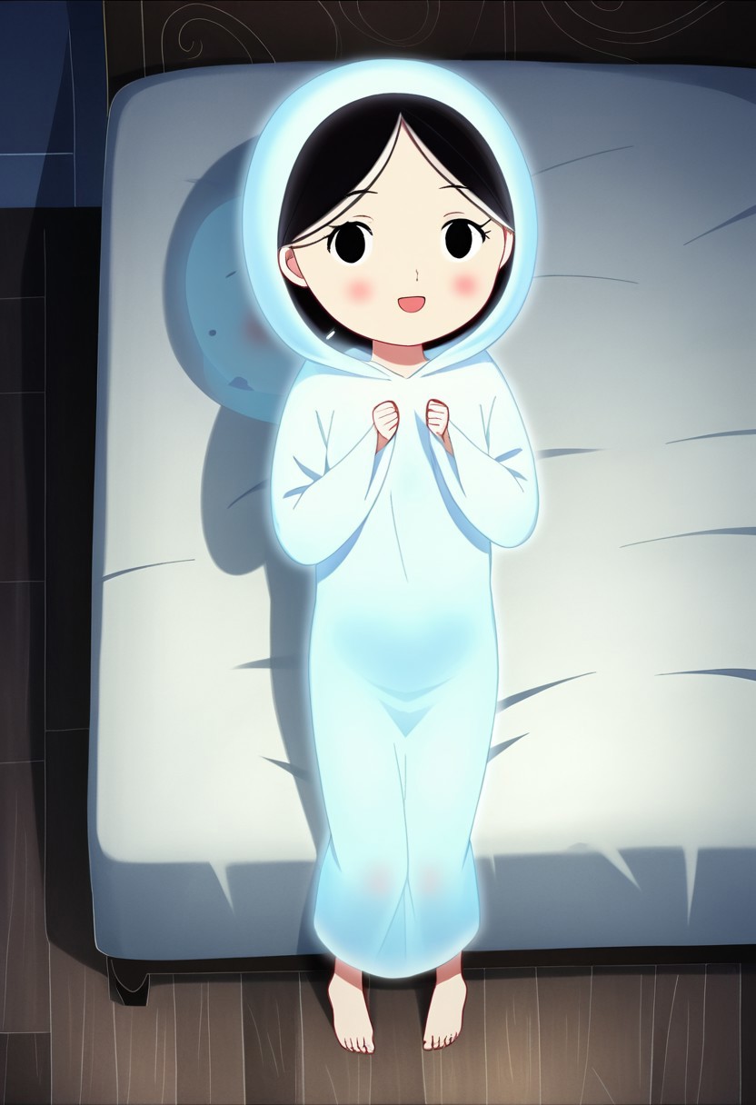 zPDXL3, source_cartoon, Perfect Hands, full body,
1girl, solo, aged down, bedroom, looking at viewer, saoirse, black hair, black eyes, blush, ghost, hood up, robe, barefoot, glowing, dancing on bed, from above, facing at viewer, feeling cold, eyes open, smile, open mouth, sleeve past wrist, slim body, long body, highlight cloth wrinkle, anime style,
<lora:Perfect Hands:1>  <lora:Saoirse_-_The_Song_of_the_Sea-000009:1>