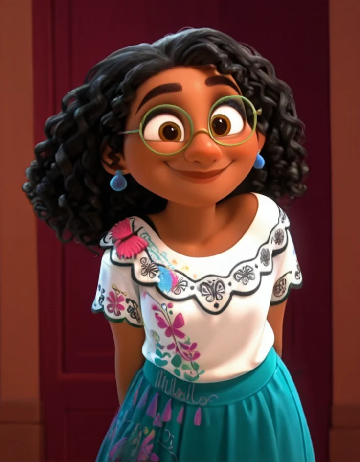 masterpiece, best quality, amazing quality, very aesthetic, absurdres, newest, detailed background, cowboy shot, 4k, 8k,
ralphstyle,
mirabelxd, 1girl, solo, dark-skinned female, earrings, skirt, smile, brown eyes, jewelry, black hair, curly hair,shirt, sandals, looking at viewer, aqua skirt, floral print, green-framed eyewear, long skirt, short sleeves, glasses, white shirt, dreadlocks, print shirt,
<lora:Mirabel_-_Disney_Illustrious:1>
<lora:Ralph_Breaks_the_Internet_Style_-_Disney_Illustrious:1>