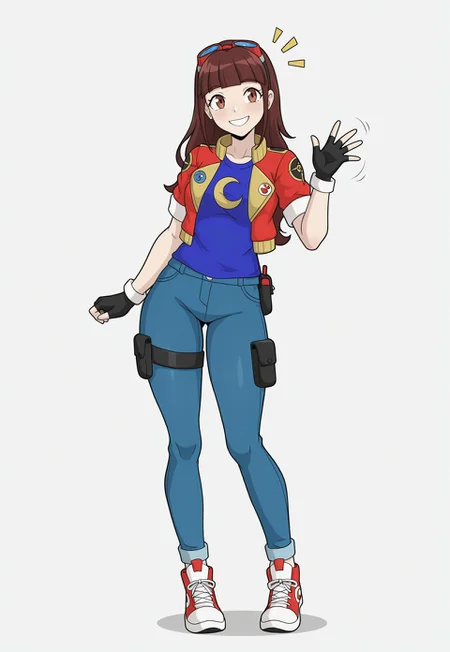 masterpiece, best quality, newest, absurdres, highres, luna-utopus, long hair, brown hair, brown eyes, blunt bangs, fingerless gloves, red jacket, eyewear on head, black gloves, open jacket, cropped jacket, goggles on head, blue shirt, crescent on shirt, short sleeves, standing, smiling, waving hello, happy, full body, solo, alone, blank background, empty background, no background