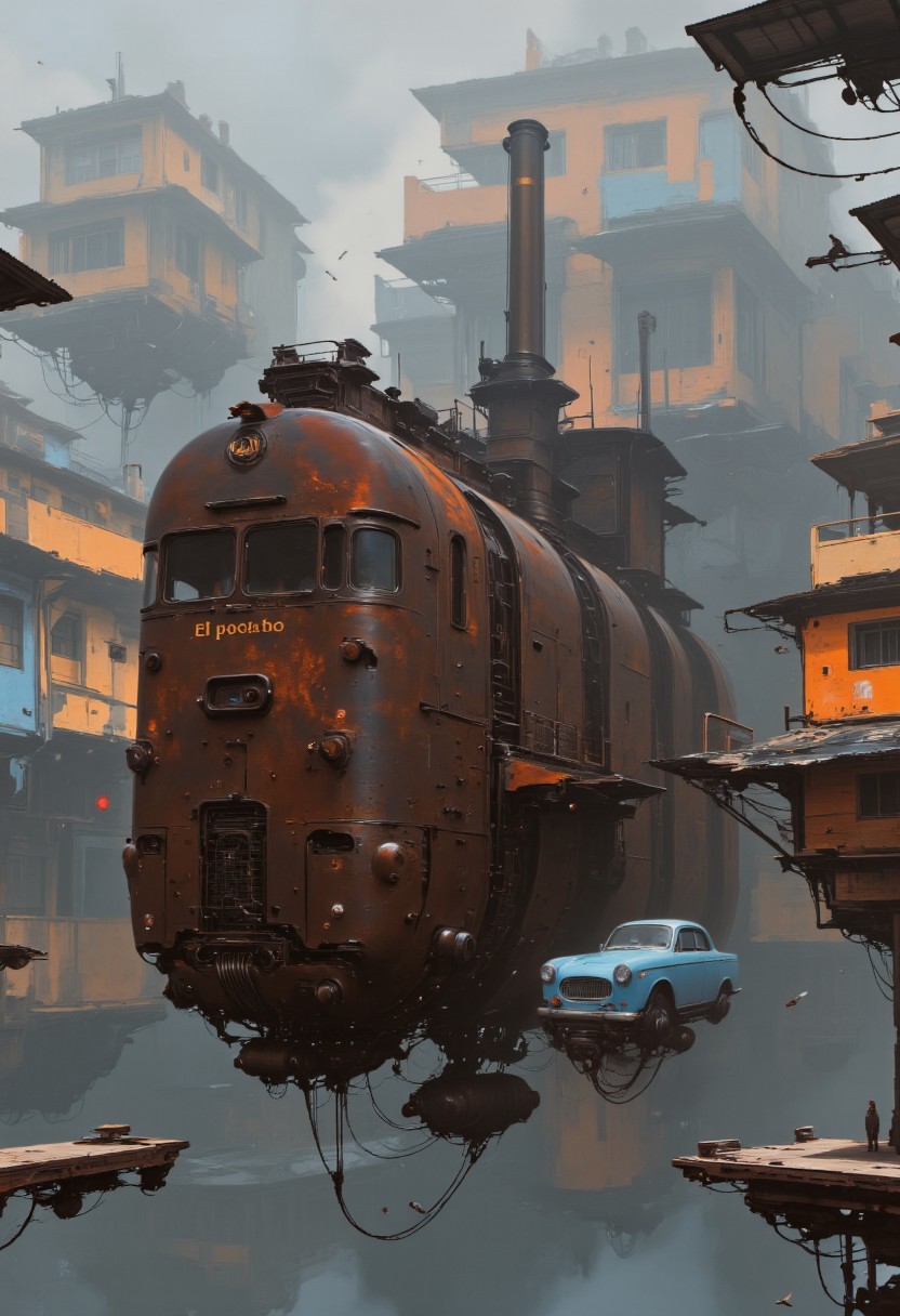 Art by Alejandro Burdisio. A digital illustration shoot from below about a steampunk-inspired scene featuring a large, rusted ship floating in a foggy harbor, surrounded by colorful buildings and two blue vintage cars. the ship, named "el pocho," is in the center of the image, with a smokestack and a tall, cylindrical chimney. it appears to be in a state of disrepair, with rust and decay visible on its hull. on either side of the ship are smaller, blue cars, suspended in mid-air by wires. the scene is set against a hazy, misty background with a few birds flying around, adding to the sense of depth and atmosphere. the overall color palette is muted, with shades of blue, orange, and yellow dominating the scene. neon-mist