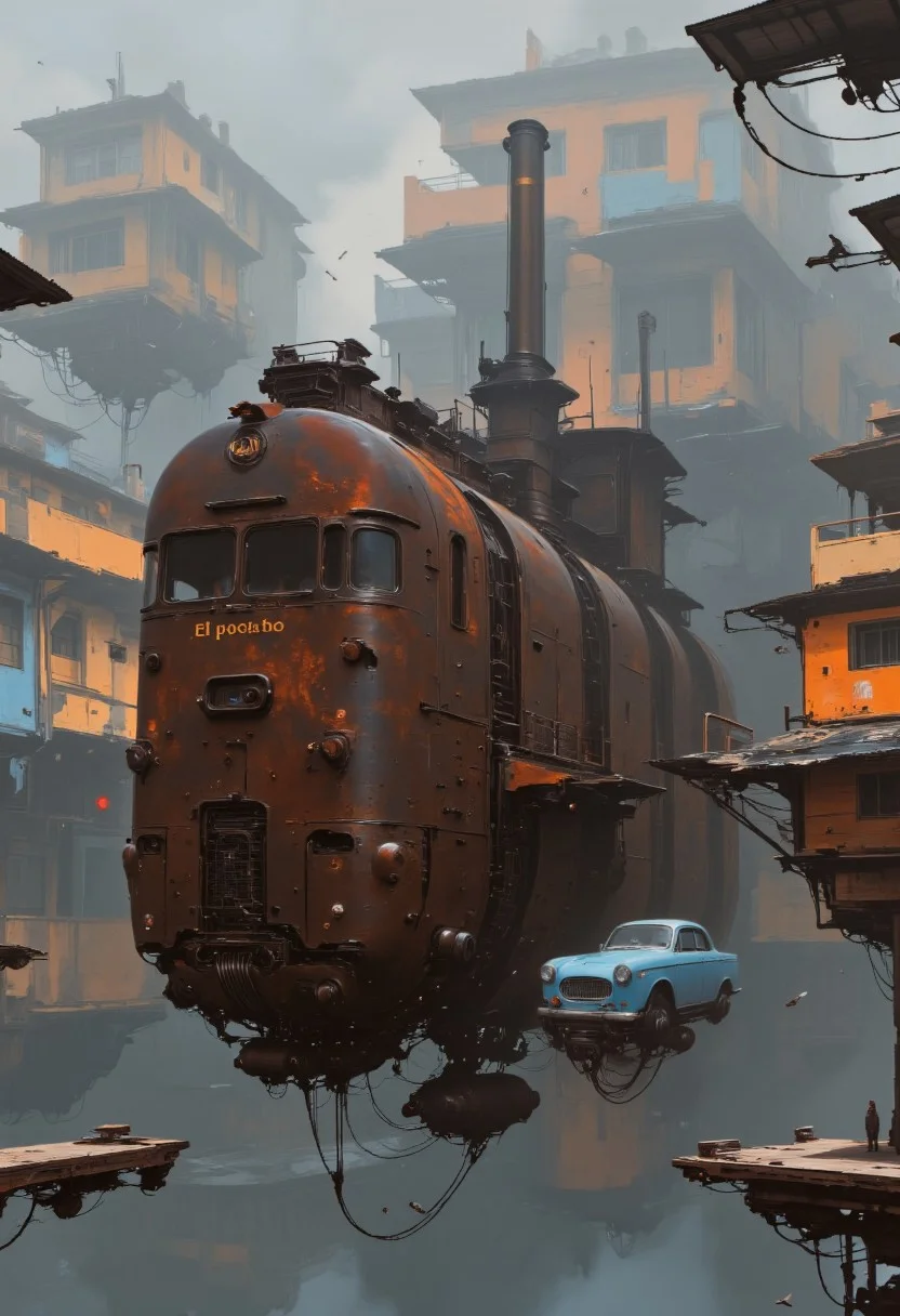 Art by Alejandro Burdisio. A digital illustration shoot from below about a steampunk-inspired scene featuring a large, rusted ship floating in a foggy harbor, surrounded by colorful buildings and two blue vintage cars. the ship, named "el pocho," is in the center of the image, with a smokestack and a tall, cylindrical chimney. it appears to be in a state of disrepair, with rust and decay visible on its hull. on either side of the ship are smaller, blue cars, suspended in mid-air by wires. the scene is set against a hazy, misty background with a few birds flying around, adding to the sense of depth and atmosphere. the overall color palette is muted, with shades of blue, orange, and yellow dominating the scene. neon-mist