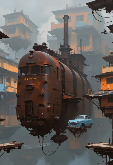 Art by Alejandro Burdisio. A digital illustration shoot from below about a steampunk-inspired scene featuring a large, rusted ship floating in a foggy harbor, surrounded by colorful buildings and two blue vintage cars. the ship, named "el pocho," is in the center of the image, with a smokestack and a tall, cylindrical chimney. it appears to be in a state of disrepair, with rust and decay visible on its hull. on either side of the ship are smaller, blue cars, suspended in mid-air by wires. the scene is set against a hazy, misty background with a few birds flying around, adding to the sense of depth and atmosphere. the overall color palette is muted, with shades of blue, orange, and yellow dominating the scene. neon-mist