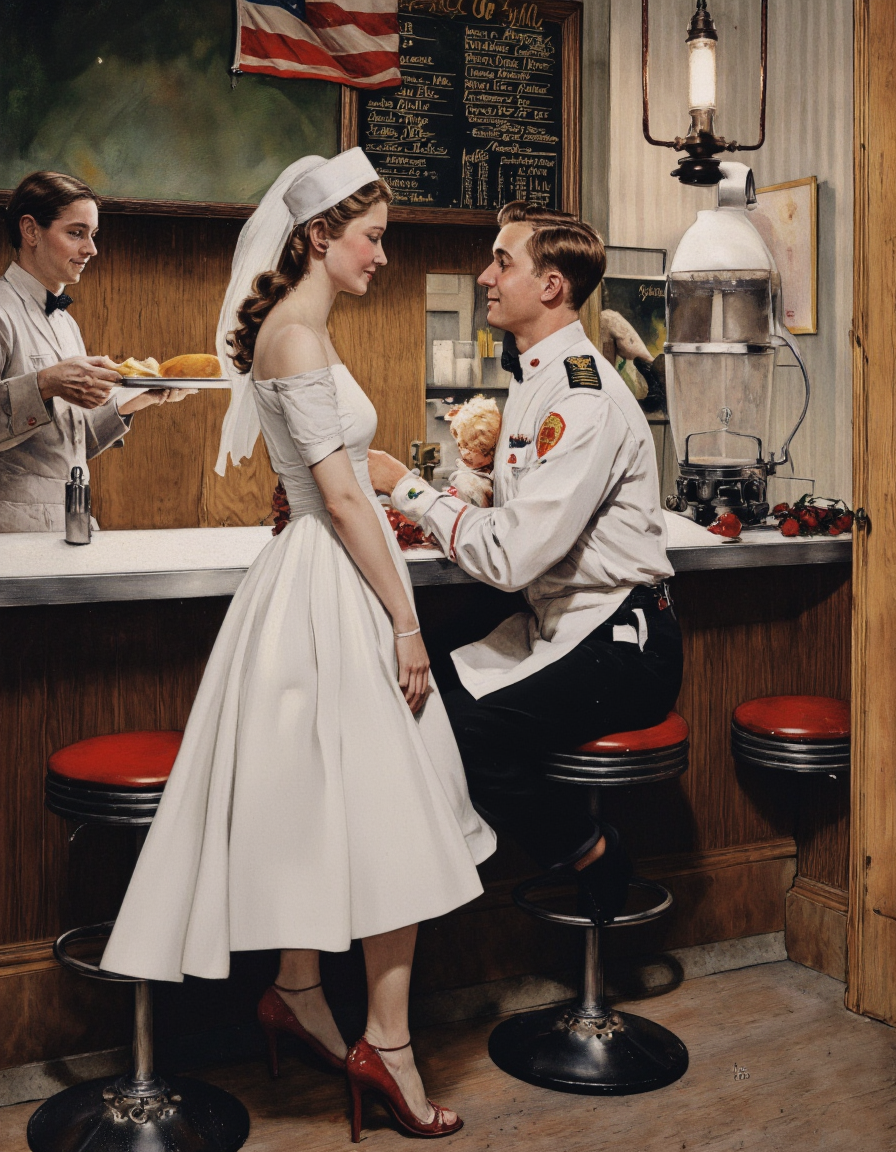 Art by Norman Rockwell. A vintage wedding scene from the side, captured in a realistic digital painting by Norman Rockwell in the 1950s. the scene depicts a romantic and intimate moment between a woman in a white dress and a man in a military uniform sitting at a counter in a diner. the woman, who appears to be in her early twenties, is standing in the middle of the image, looking at the man with a smile on her face, while the man, who is wearing a chef's hat and apron, is sitting on a red stool to the right of the woman. he is holding a small child in his arms, and the woman is looking at him with a gentle expression. the man in the background is standing behind the counter, holding a tray of food, and he is looking down at the woman with a warm and friendly demeanor. the diner has a rustic, dimly lit atmosphere, with a chalkboard menu board and wooden walls, adding to the vintage feel of the scene. the artist's signature "Norman Rockwell" is visible in the bottom right corner of the painting, adding a touch of authenticity to the image.