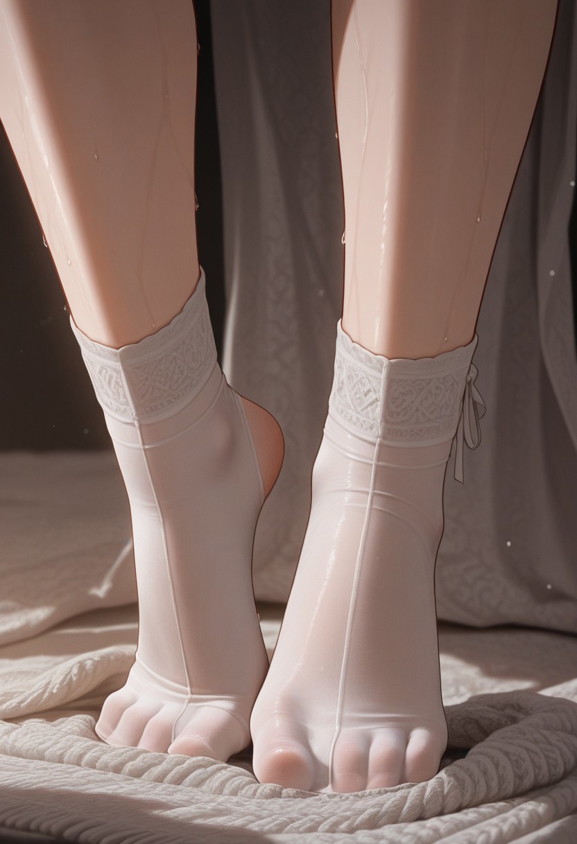 ultra-detailed, 8K resolution, (absurdres), RAW photo, cinematic lighting, aesthetic composition,
Solo 1girl: (slender build, late 20s, captivating gaze), partially undressed, focus on legs,
Dynamic pose: One leg raised high vertically (pointing upwards), foot still fully encased in translucent sheer nylon tights. The other leg bare, foot planted firmly. The tights from the raised leg have been partially rolled down, now hanging loosely, bunched and gathered around the ankle and lower calf of the raised leg, creating heavy draping and intricate folds. The sheer nylon clings tightly to the raised foot, emphasizing its shape and the texture of the material. The contrast between the bare leg and the nylon-clad foot is stark.
Textures: Hyperrealistic sheer nylon texture on foot (slight sheen, skin visible underneath, fine knit pattern discernible), crumpled and gathered nylon fabric with deep, soft folds casting subtle shadows around the ankle/calf of raised leg. Smooth skin on bare leg.
Artistic Focus: Extreme close-up on the raised foot and the gathered tights. Shallow depth of field (f/1.2), background heavily blurred to bokeh. Emphasis on the tactile quality of the nylon, the tension of the fabric on the foot, and the weight of the gathered material. 
Aesthetic: Sensual, elegant, intimate, voyeuristic, high-fashion editorial, texture study. Moody, atmospheric. light, and material, (face in the frame), foot fetish, wet nylon, wet feet, sweat, sweaty girl, lathered up
