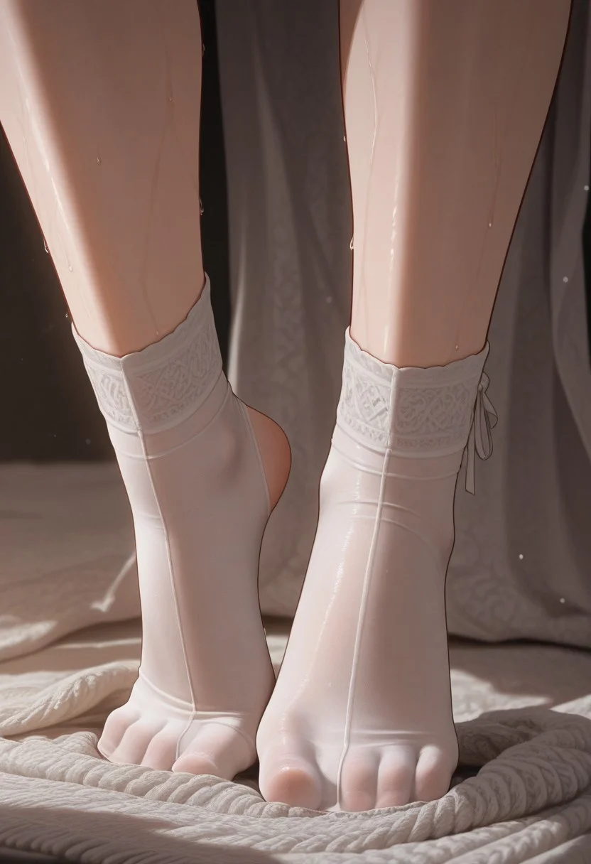 ultra-detailed, 8K resolution, (absurdres), RAW photo, cinematic lighting, aesthetic composition,
Solo 1girl: (slender build, late 20s, captivating gaze), partially undressed, focus on legs,
Dynamic pose: One leg raised high vertically (pointing upwards), foot still fully encased in translucent sheer nylon tights. The other leg bare, foot planted firmly. The tights from the raised leg have been partially rolled down, now hanging loosely, bunched and gathered around the ankle and lower calf of the raised leg, creating heavy draping and intricate folds. The sheer nylon clings tightly to the raised foot, emphasizing its shape and the texture of the material. The contrast between the bare leg and the nylon-clad foot is stark.
Textures: Hyperrealistic sheer nylon texture on foot (slight sheen, skin visible underneath, fine knit pattern discernible), crumpled and gathered nylon fabric with deep, soft folds casting subtle shadows around the ankle/calf of raised leg. Smooth skin on bare leg.
Artistic Focus: Extreme close-up on the raised foot and the gathered tights. Shallow depth of field (f/1.2), background heavily blurred to bokeh. Emphasis on the tactile quality of the nylon, the tension of the fabric on the foot, and the weight of the gathered material.
Aesthetic: Sensual, elegant, intimate, voyeuristic, high-fashion editorial, texture study. Moody, atmospheric. light, and material, (face in the frame), foot fetish, wet nylon, wet feet, sweat, sweaty girl, lathered up