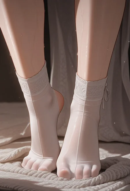 ultra-detailed, 8K resolution, (absurdres), RAW photo, cinematic lighting, aesthetic composition,
Solo 1girl: (slender build, late 20s, captivating gaze), partially undressed, focus on legs,
Dynamic pose: One leg raised high vertically (pointing upwards), foot still fully encased in translucent sheer nylon tights. The other leg bare, foot planted firmly. The tights from the raised leg have been partially rolled down, now hanging loosely, bunched and gathered around the ankle and lower calf of the raised leg, creating heavy draping and intricate folds. The sheer nylon clings tightly to the raised foot, emphasizing its shape and the texture of the material. The contrast between the bare leg and the nylon-clad foot is stark.
Textures: Hyperrealistic sheer nylon texture on foot (slight sheen, skin visible underneath, fine knit pattern discernible), crumpled and gathered nylon fabric with deep, soft folds casting subtle shadows around the ankle/calf of raised leg. Smooth skin on bare leg.
Artistic Focus: Extreme close-up on the raised foot and the gathered tights. Shallow depth of field (f/1.2), background heavily blurred to bokeh. Emphasis on the tactile quality of the nylon, the tension of the fabric on the foot, and the weight of the gathered material.
Aesthetic: Sensual, elegant, intimate, voyeuristic, high-fashion editorial, texture study. Moody, atmospheric. light, and material, (face in the frame), foot fetish, wet nylon, wet feet, sweat, sweaty girl, lathered up