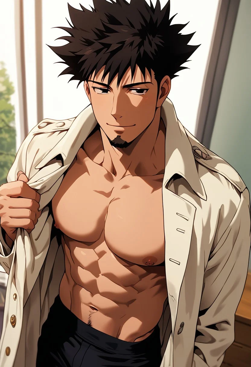 score_9, score_8_up, score_7_up, score_6_up, perfect anatomy, perfect proportions, best quality, masterpiece, high_resolution, high quality, solo male, Genma Shizume, black hair, (medium hair, slight spiky hair, spread hair:1.4), black eyes, (sideburns, facial hair, chinstrap beard, jawline beard:1.2), (beige trench coat, open trench coat, long coat:1.3), bare chest, bare abdomen, pecs, abs, black pants, adult, mature, masculine, manly, handsome, charming, alluring, seductive, calm eyes, smile, (perfect eyes, perfect mouth), undressing, upper body, cowboy shot, (dutch angle), look at viewer, view from side, photo background