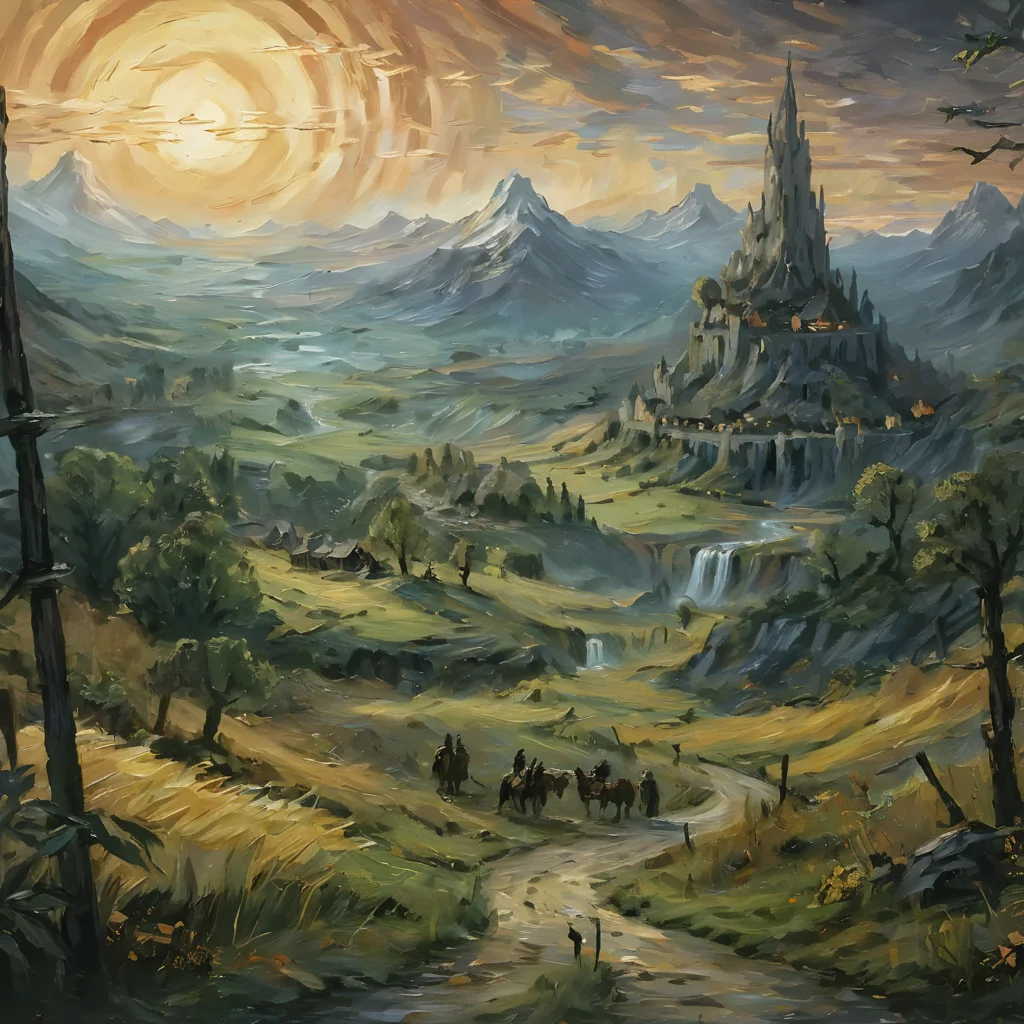 <lora:vncnt:1>, vncnt style, fantasy landscape, lord of the rings