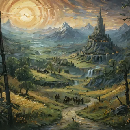 <lora:vncnt:1>, vncnt style, fantasy landscape, lord of the rings