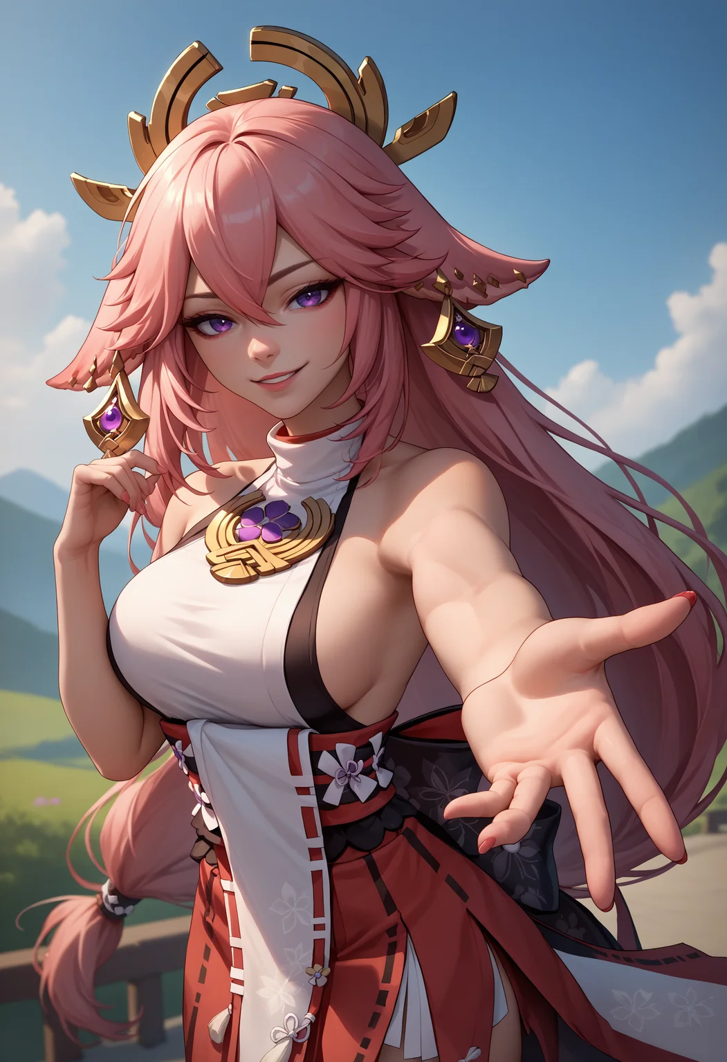 score_9, score_8_up, score_7_up, source_anime, 1girl, beckoning, reaching towards viewer, <lora:Beckoning_XLPD:1>, yae miko, seductive smile,