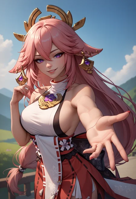 score_9, score_8_up, score_7_up, source_anime, 1girl, beckoning, reaching towards viewer, <lora:Beckoning_XLPD:1>, yae miko, seductive smile,