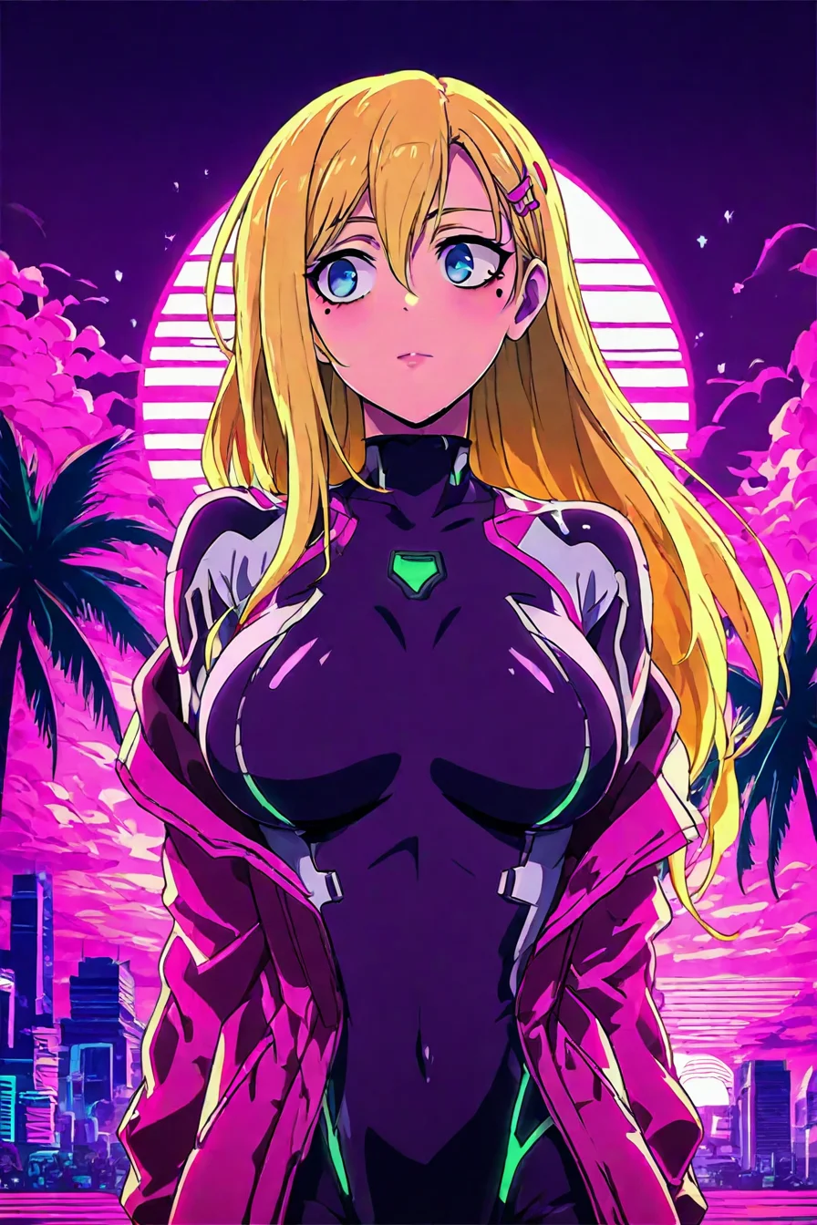 score_9, score_8_up, score_7_up, score_6_up, score_5_up, score_4_up, <lora:Miu_Furinji-000006:0.7> , miu, blonde hair, long hair, blue eyes, mole under right eyes, slim waist, large breast, pink jacket, purple bodysuit, hairclip, 1girl, solo, alone, <lora:Vaporwave_anime_style_illustriousXL:1>, vaporwave_style, vaporwave, sun background, horizontal striped sun, palm tree, pink cloud, building, masterpiece, highres