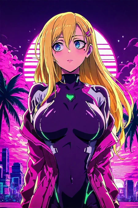 score_9, score_8_up, score_7_up, score_6_up, score_5_up, score_4_up, <lora:Miu_Furinji-000006:0.7> , miu, blonde hair, long hair, blue eyes, mole under right eyes, slim waist, large breast, pink jacket, purple bodysuit, hairclip, 1girl, solo, alone, <lora:Vaporwave_anime_style_illustriousXL:1>, vaporwave_style, vaporwave, sun background, horizontal striped sun, palm tree, pink cloud, building, masterpiece, highres