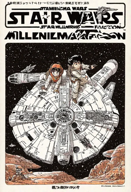 Japanese Manga book cover of star wars Millennium Falcon, book cover with text "Star Wars", Akira toriyama style , blank background , full colour, hand drawing