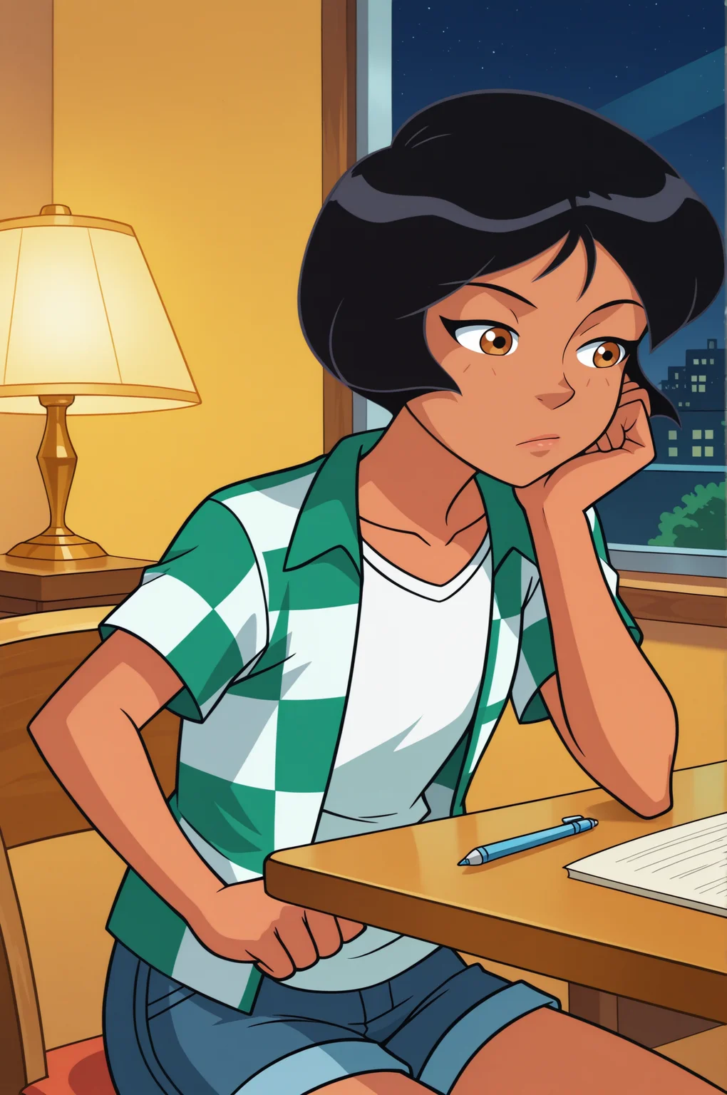 screencap, flat colors, official art,   1girl, solo, alex_totally_spies, shorty, slender, flat chest, short hair, black hair, brown eyes, dark-skinned female, green checkered shirt, white T-shirt, blue shorts, bored, sits at the table, writes, lamp on table,   indoors, night,   <lora:Alex_TS_ILXL:1>