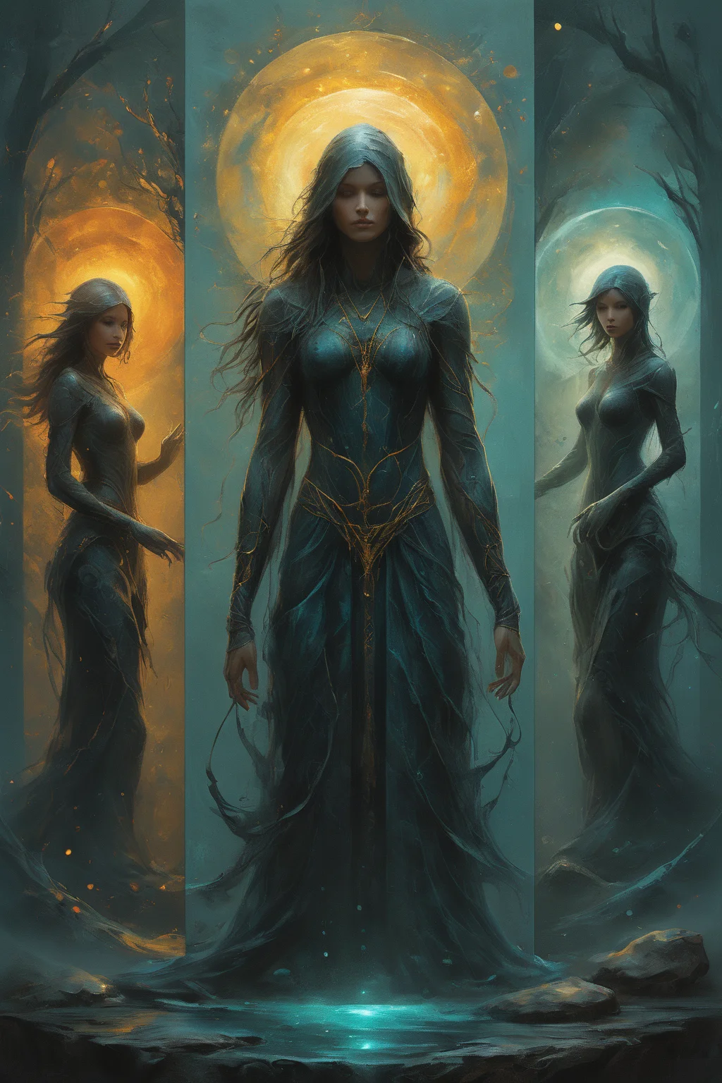 <lora:artfullyENGRAVED_SDXL_V1:0.25>,masterpiece,intricately detailed,high resolution,best quality,absurd resolution,mastercrafted,Mock ui,occult themed,oracle customized deck creator,3 PERSONAS,colorful storytelling,dark cyan and amber,detailed atmospheric portraits,detailed character design,dreamlike illustration,flowing textures,in the style of realistic and hyper-detailed renderings,mysterious beauty,in the style of realistic fantasy artwork,in the style of dreamlike illustration,in the style of hyper-detailed illustrations,three tarot cards are standing amongst a dark landscape,granite,ivory,obsidian,stained glass,transluscent,masterpiece,brilliant color story,illusionism,futuristic geometric abstractionism,in the style of hyperrealism,organic,male oracle,<lora:artfullymaleform_sdxl_v1:0.45>,<lora:ARTFULLYORACLESDXL-V1:0.5>,<lora:artfullydrow__sdxl_v1:0.2>,<lora:artfullyDRUID_sdxl_v1:0.6>,