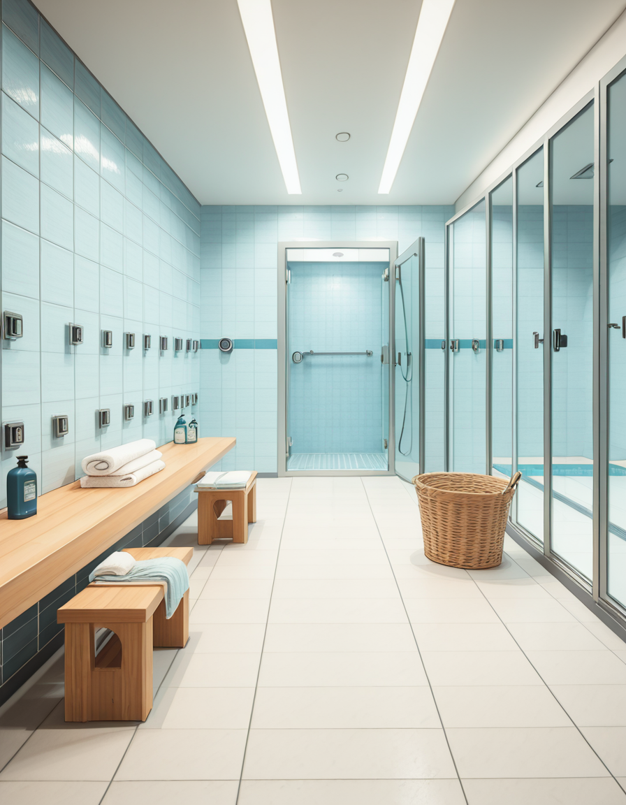 A realistic photograph of a modern swimming pool changing room, featuring clean, sleek design with white tiled walls and light blue accents. Rows of wooden benches with metal frames are neatly aligned in the center of the room. On the sides, there are individual lockers with glossy pastel-colored doors (light blue, mint green, and pale yellow), each with small number labels. Hooks are mounted on the walls, some holding neatly folded towels. The floor is made of non-slip gray tiles, slightly wet, reflecting the soft overhead LED lighting. The atmosphere is fresh and inviting, with a subtle fog from the pool area beyond a frosted glass door at the back. To the left side of the room, a large mirror spans the wall above a counter with built-in sinks, chrome faucets, and a few small bottles of hand soap. A subtle reflection of the interior is visible in the mirror. No people are present in the room. The lighting is bright but natural, as if itâs daytime with soft sunlight filtering through small high windows. The mood is calm, clean, and welcoming, captured with a high-resolution camera in photorealistic style. 
<lora:SDXLFaeTastic2400:0.4> <lora:extremely_detailed:0.4> extremely detailed,swimming pool ch4ng1ng r00m, <lora:swimming_pool_ch4ng1ng_r00m-i:1>, Masterpiece,best quality,hi res,8k,hi res,8k,award winning,(sharp focus, intricate, highly detailed),