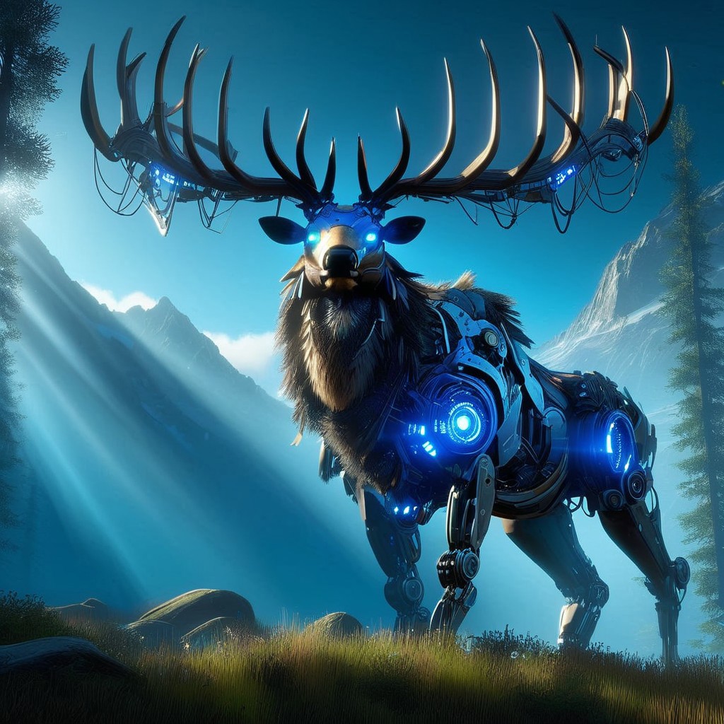 Full metal robot, non- humanoid robt, scifi,   (Ultra Realistic:1.0),32k,(Masterpiece:1.0),(High Detailed Skin:1.0),( High Quality:1.0), (Detailed Realistic Background:1.3), (Official Art, Beautiful and Aesthetic:1.2), (Realistic Lighting:1.0), glowing, day, science fiction, nature, grass, deer, scenery, mountain, non-humanoid robot, forest, "An imposing, machine-like elk standing majestically on mountain edge looking at sky, its intricate mechanical parts inspired by the Horizon Zero Dawn style. The elk’s body is a blend of organic and metallic elements, with glowing blue lights coursing through its frame, reflecting the technological sophistication of a bygone era. Its angle are vast and sharp, made of gleaming steel, resembling a regal crown.
The scene is set in a deep of field, epic cinematic lighting, view from below dramatic sky with beams of cinematic light piercing through the canopy, casting dramatic shadows across the elk’s form. The atmosphere is epic and tense, as the elk stands still, as if inspecting its surroundings with quiet intelligence. The mood is both mysterious and foreboding, emphasizing the contrast between nature and technology, framed in high resolution and intense detail, evoking the visual grandeur and storytelling depth of Horizon Zero Dawn."