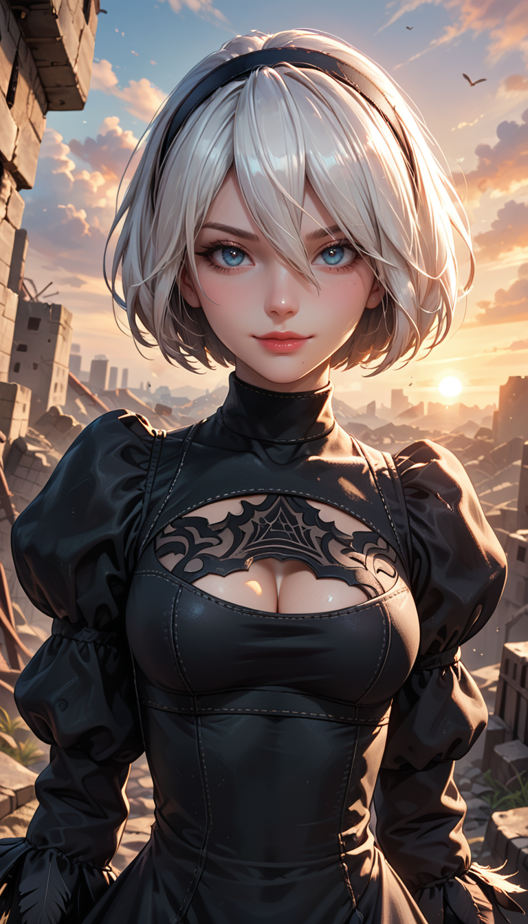 score_9, score_8_up, score_7_up, Portrait, yorha no. 2 type b, short white hair, black dress, hairband, clothing cutout, cleavage cutout, puffy sleeves, black hairband, feather-trimmed sleeves, juliet sleeves, mole under mouth, sunset, rubble in the background, 4n1v3rs3, light smile:0.3, depth of field, dynamic angle, fashion photography, sharp, hyperdetailed:1.15