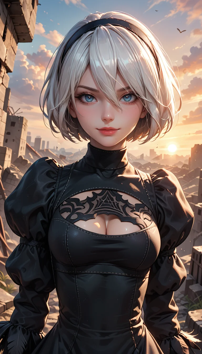 score_9, score_8_up, score_7_up, Portrait, yorha no. 2 type b, short white hair, black dress, hairband, clothing cutout, cleavage cutout, puffy sleeves, black hairband, feather-trimmed sleeves, juliet sleeves, mole under mouth, sunset, rubble in the background, 4n1v3rs3, light smile:0.3, depth of field, dynamic angle, fashion photography, sharp, hyperdetailed:1.15