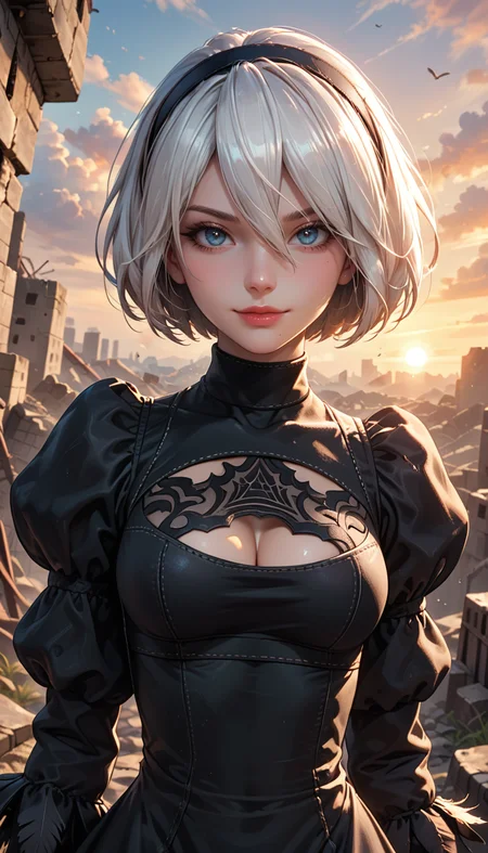 score_9, score_8_up, score_7_up, Portrait, yorha no. 2 type b, short white hair, black dress, hairband, clothing cutout, cleavage cutout, puffy sleeves, black hairband, feather-trimmed sleeves, juliet sleeves, mole under mouth, sunset, rubble in the background, 4n1v3rs3, light smile:0.3, depth of field, dynamic angle, fashion photography, sharp, hyperdetailed:1.15