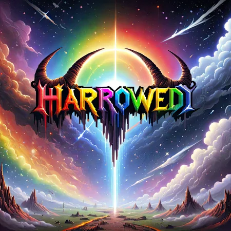 (HarroweD text logo), rainbow, pixel art, space, clouds, stars, horns