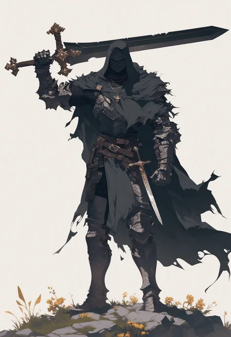 score_9, score_8_up, score_7_up, score_6_up, score_5_up, score_4_up,
<lora:ArmorSentinelV2:1>, arm0rs3nt1n3l,
giant sword, solo, simple background, white background, 1boy, holding, jewelry, standing, full body, male focus, weapon, boots, pants, belt, hood, sword, holding weapon, necklace, cape, armor, torn clothes, holding sword, helmet, knife, shoulder armor, clenched hand, facing viewer, gauntlets, sheath, cloak, sheathed, breastplate, armored boots, fantasy, dagger, scabbard, over shoulder, greaves, huge weapon, weapon on back, weapon over shoulder, knight, full armor, black armor, torn cape, helm, greatsword, torn, sword over shoulder, torn cloak