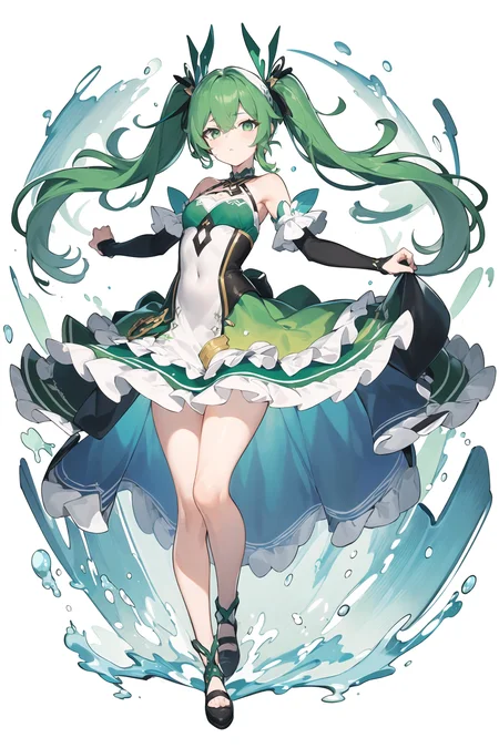 (((masterpiece))),(((bestquality))),((ultra-detailed)),(illustration),((anextremelydelicateandbeautiful)),dynamicangle,floating,(beautifuldetailedeyes),(detailedlight) (1girl), solo, floating_hair,glowingeyes,green hair,greeneyes, twintails, halterdress, tachi-e, full body, white background, <lora:tachi-e:1>