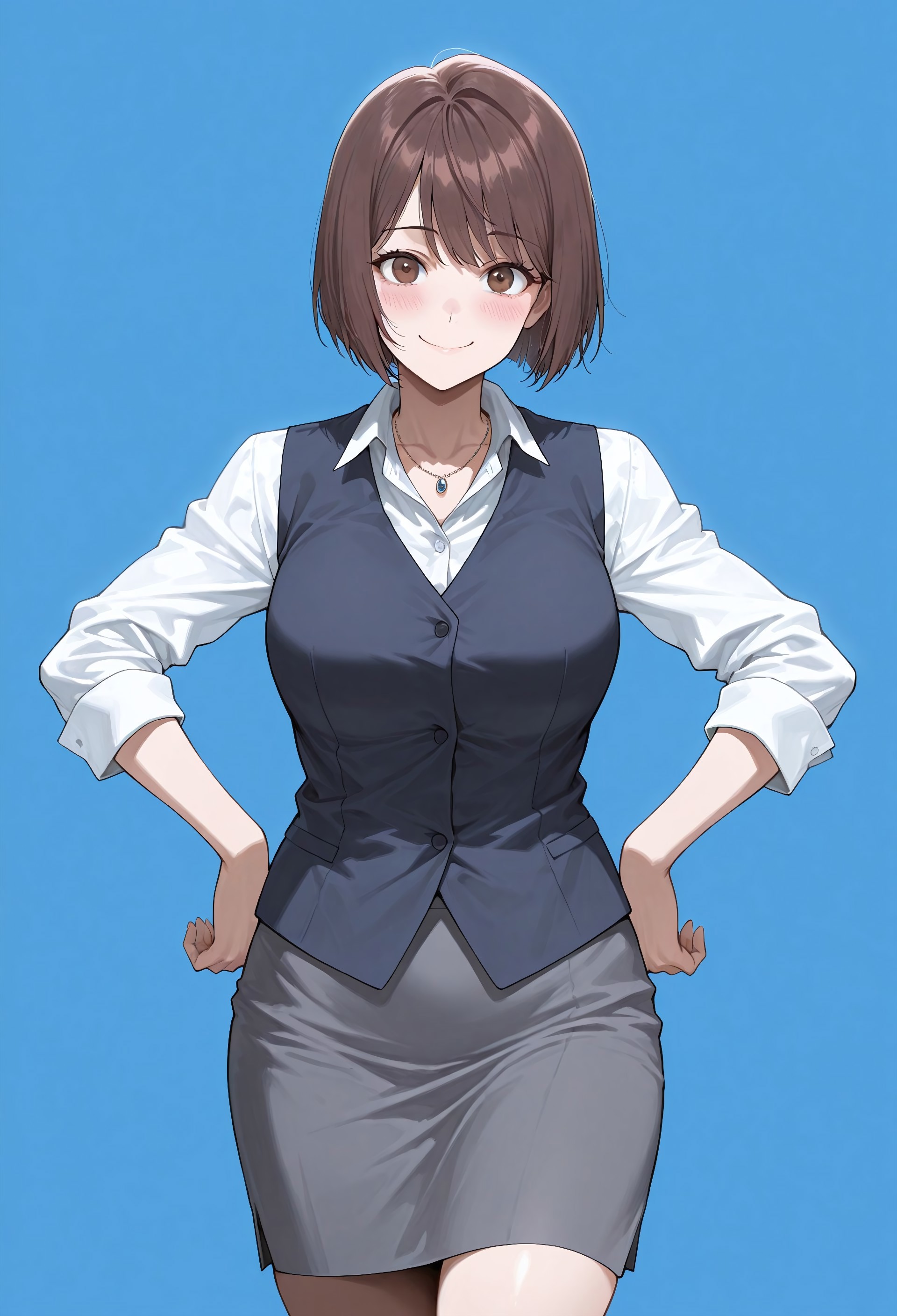 masterpiece, best quality, amazing quality, absurdres, 

hri_hat5un0, 1girl, solo, breasts, brown eyes, brown hair, short hair, bobcut, bangs, office lady, school uniform, necklace, jewelry, vest,blue vest, shirt, white shirt, collared shirt, long sleeves, sleeves rolled up, skirt, grey skirt, pencil skirt,

smile, standing, hands on the hips, cowboy shot, looking at viewer, standing, blush, simple background, blue background,