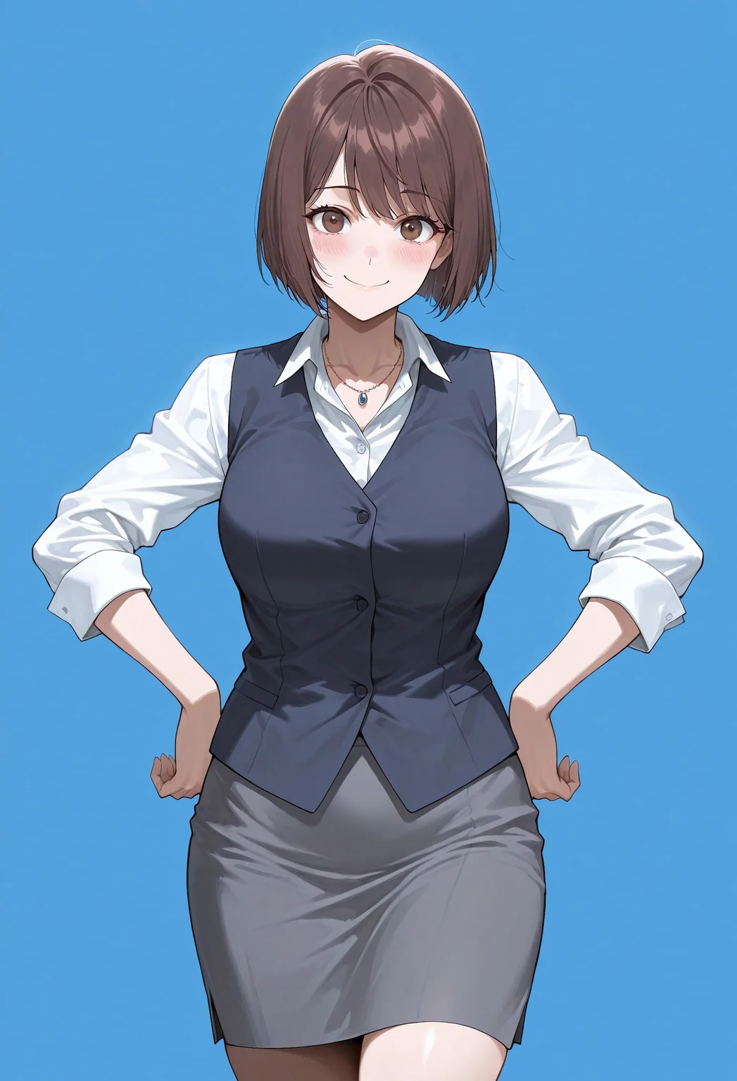 masterpiece, best quality, amazing quality, absurdres,
hri_hat5un0, 1girl, solo, breasts, brown eyes, brown hair, short hair, bobcut, bangs, office lady, school uniform, necklace, jewelry, vest,blue vest, shirt, white shirt, collared shirt, long sleeves, sleeves rolled up, skirt, grey skirt, pencil skirt,
smile, standing, hands on the hips, cowboy shot, looking at viewer, standing, blush, simple background, blue background,