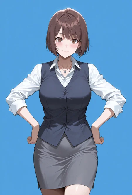 masterpiece, best quality, amazing quality, absurdres, 

hri_hat5un0, 1girl, solo, breasts, brown eyes, brown hair, short hair, bobcut, bangs, office lady, school uniform, necklace, jewelry, vest,blue vest, shirt, white shirt, collared shirt, long sleeves, sleeves rolled up, skirt, grey skirt, pencil skirt,

smile, standing, hands on the hips, cowboy shot, looking at viewer, standing, blush, simple background, blue background,