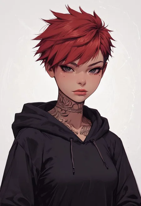 score_9, score_8_up, score_7_up, high detailed, high quality, masterpiece, no text, quality highlights, 8k detail, detailed background, source_anime, dynamic view, hentai, ultra-detailed,
...
1girl, (((solo))), (female focus), expressiveh, (young), (warm skin),
(red hair), (black eyes), (very short hair),
(pixie haircut), ((skinny body)),
(very small breasts), (teardrop breasts),
lips, (incredibly sexy), sexy pose, pose,
((detailed tattoos)),
...
upper body, posing, eyes wide, closed mouth,
collarbone, focus on face, ((upper body)),
((hands in hoodie pockets)),
((black hoodie)),
...
(((white background)))
