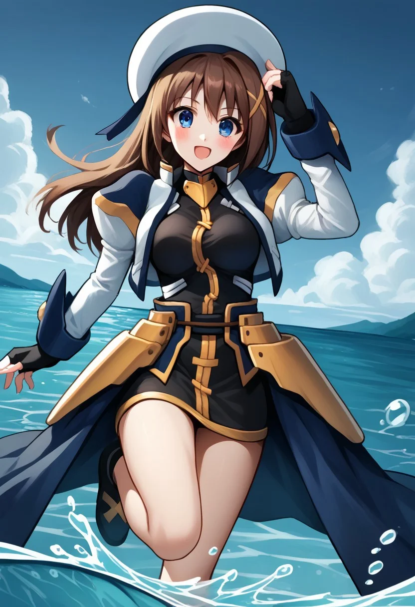 score_9, score_8_up, score_7_up, source_anime, good anatomy, 1girl, solo, HayateYagami, brown hair, long hair, x hair ornament, blue eyes, black dress with gold trim, short dress, fingerless gloves, faulds, puffy sleeves, juliet sleeves, cropped jacket, open jacket, waist cape, white and navy blue jacket, bare legs, hand on hat, smiling, open mouth, blushing, leg up, standing, on one leg, in water, splashing, ocean, blue sky, clouds