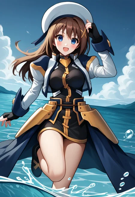 score_9, score_8_up, score_7_up, source_anime, good anatomy, 1girl, solo, HayateYagami, brown hair, long hair, x hair ornament, blue eyes, black dress with gold trim, short dress, fingerless gloves, faulds, puffy sleeves, juliet sleeves, cropped jacket, open jacket, waist cape, white and navy blue jacket, bare legs, hand on hat, smiling, open mouth, blushing, leg up, standing, on one leg, in water, splashing, ocean, blue sky, clouds