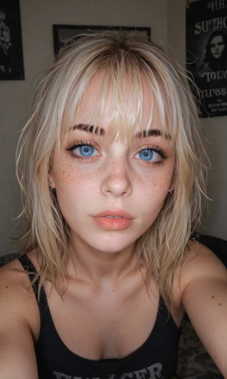 4k selfie with a excited expression, goth girl, deep focus, split-diopter lens, focus on her eyes, cluttered bedroom, posters on walls, warm lighting, long shaggy blonde, bangs between eyes, dark blue eyes, freckles, blush, natural lips, natural eyes, messy hair, black eyebrows, piercings, taking a selfie, bent forward,