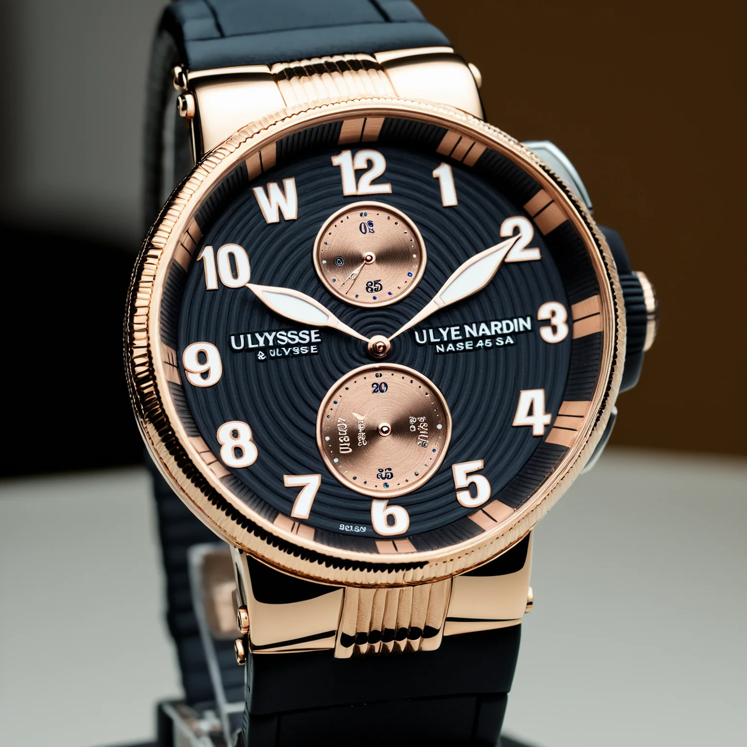 <lora:W4tch35_05XL-final:1>,an advertising photograph of a beautiful (W4tch35:1.2) as a (ulysse nardin:1.3) watch,on a watch stand,with detailed movement,medium shot,tilt shift,bokhe,8k wallpaper,masterpiece,photorealistic,HDR UHD,high contrast,hyper realistic,volumetric lighting,