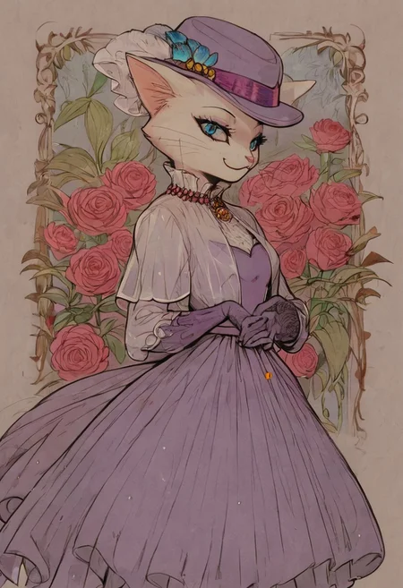 score_9, score_8_up, score_8, cute, in the style of beatrix potter, cel-shading, fca style, baroness louise, white fur, cat, female cat, blue eyes, anthro, gloves, purple hat, elegant hat, purple dress, looking at viewer, beautiful eyes, smile, rose background